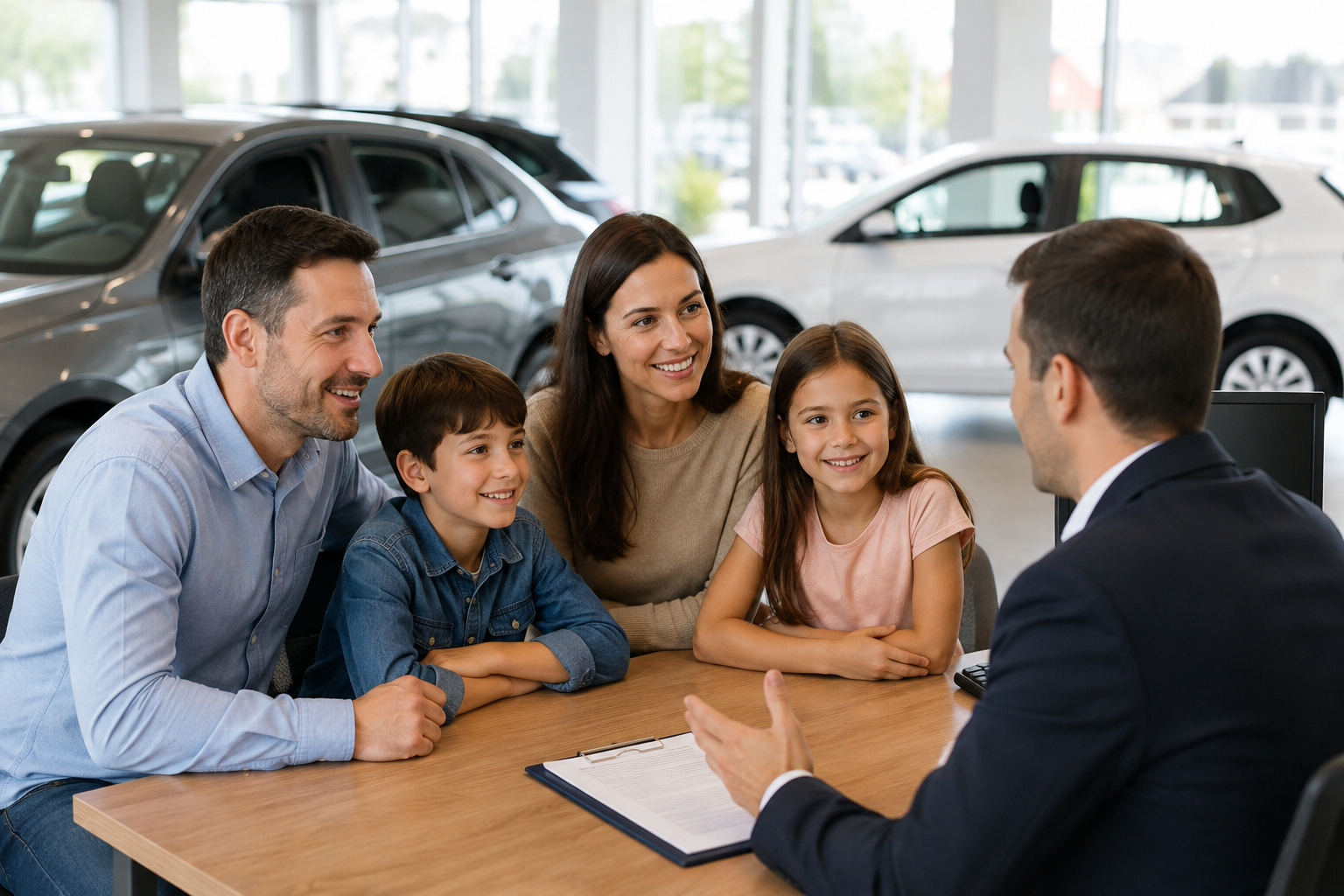 Una familia de cuatro personas (padre, madre, hijo e hija) sonrientes y sentados alrededor de una mesa en una concesionaria de automóviles. Están charlando con un vendedor de autos que está de espaldas, vestido con traje. Detrás de ellos hay varios autos nuevos en exhibición y el ambiente es luminoso y profesional.
