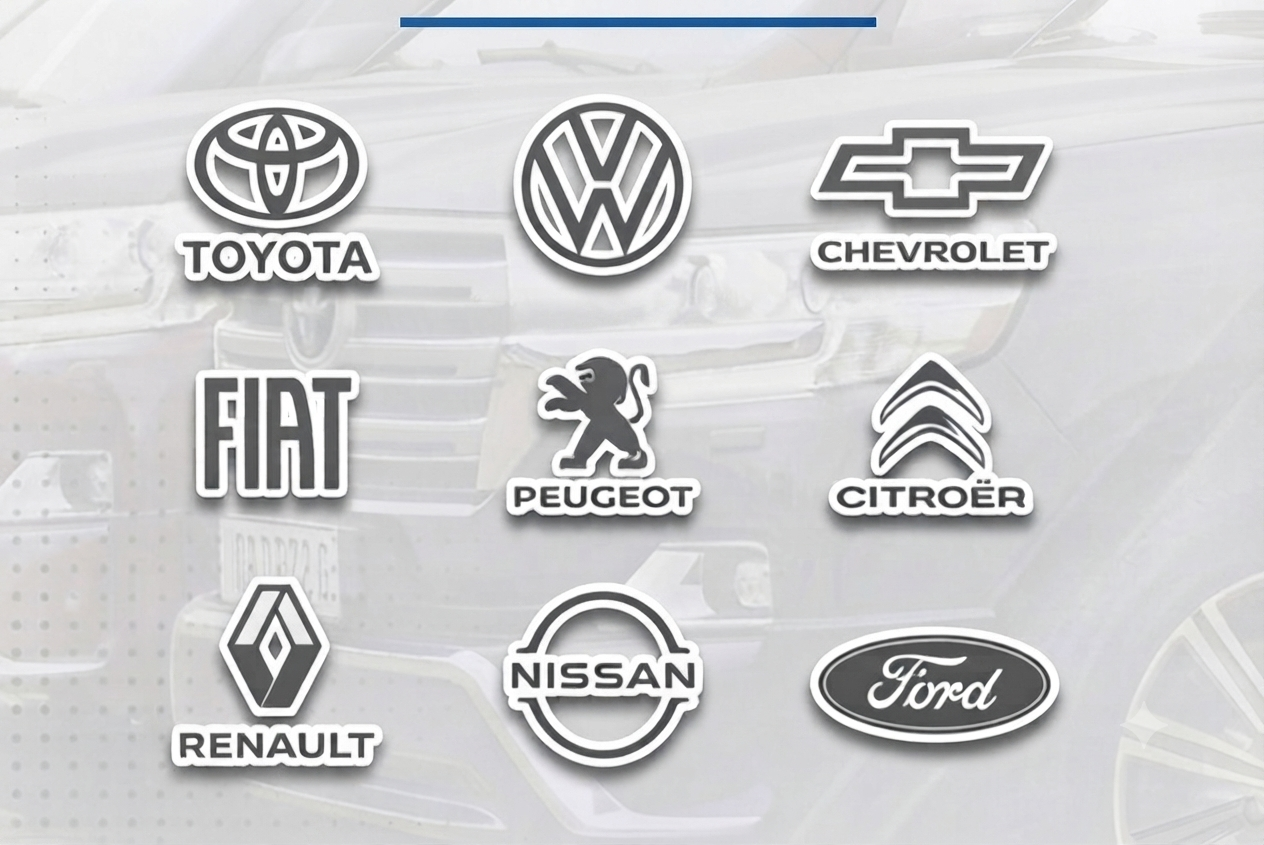 Una cuadrícula de 3x3 logotipos de marcas de automóviles de color gris plateado, dispuestos en tres filas sobre un fondo gris claro y borroso de la parte delantera de un vehículo.
Fila 1: Toyota (con la palabra debajo), Volkswagen (con la palabra debajo), Chevrolet (con la palabra debajo).
Fila 2: Fiat (con la palabra debajo), Peugeot (con la palabra debajo), Citroën (con la palabra debajo).
Fila 3: Renault (con la palabra debajo), Nissan (con la palabra debajo), Ford (con la palabra debajo).
Todos los logotipos tienen un contorno blanco sutil.
