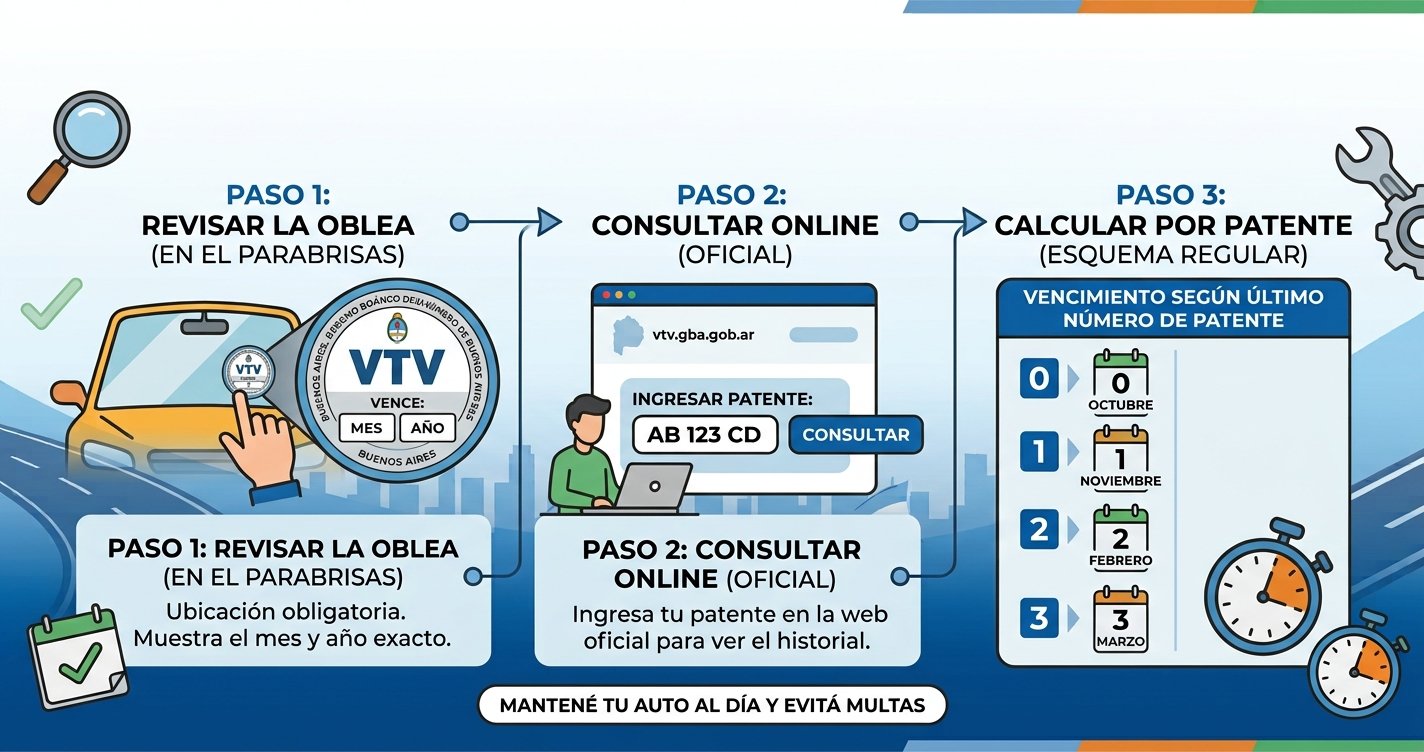 El gráfico tiene un diseño limpio y moderno con tonos azules y blancos, iconos claros (lupa, herramienta, cronómetro, calendario), y flechas que guían al usuario a través del proceso. Incluye un mensaje final en la parte inferior: "MANTENÉ TU AUTO AL DÍA Y EVITÁ MULTAS". El fondo tiene un diseño abstracto de carreteras y ciudad.