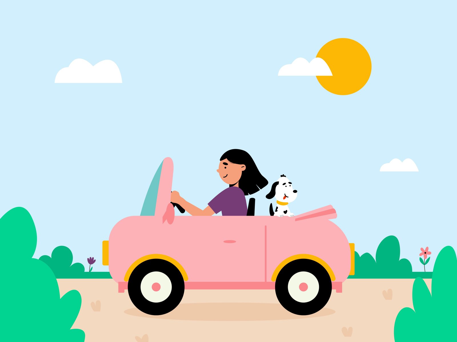 Ilustración en estilo vectorial y minimalista de una mujer conduciendo un auto descapotable rosa por un camino de campo, acompañada por un perro dálmata en el asiento trasero. De fondo se observa un cielo azul claro con nubes blancas, un sol amarillo y vegetación verde.