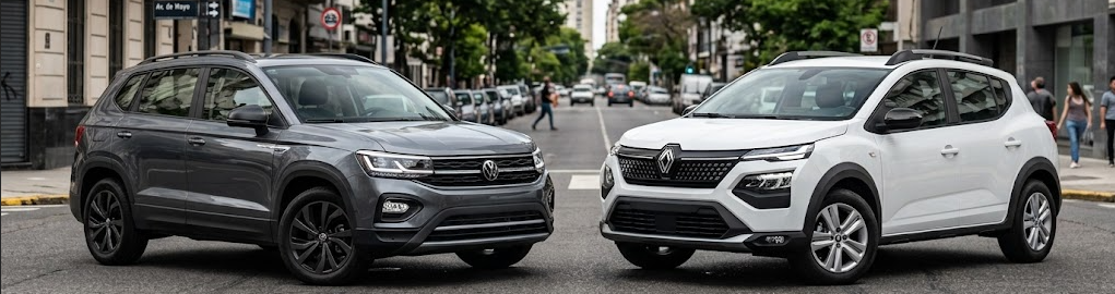 Un Volkswagen Tera de color gris oscuro y un Renault Kardian de color blanco aparcados de frente en una calle de la ciudad, mostrados a un ángulo de 45 grados sin placas de patente, para una comparati