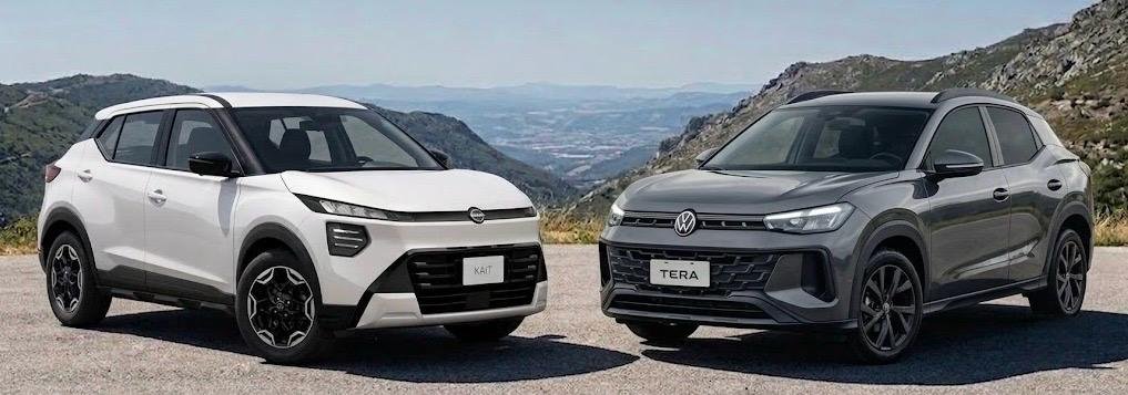 Fotografía a nivel de calle que muestra un Nissan Kait Sense blanco a la izquierda y un Volkswagen Tera Comfort gris a la derecha. Ambos SUV compactos están estacionados sobre una carretera asfaltada,