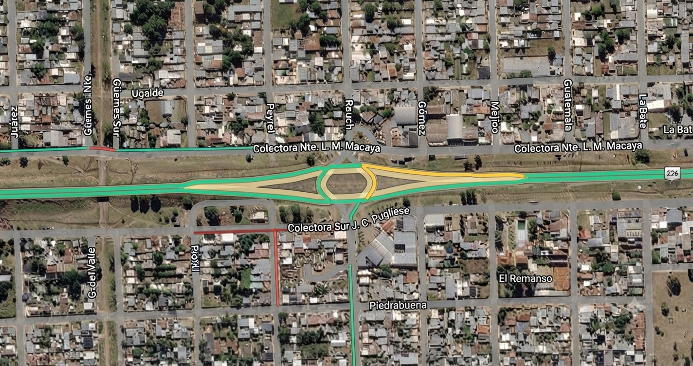 Vista aérea horizontal en primer plano de la Ruta Nacional 226 en Tandil, enfocada exclusivamente en el mapa satelital de la ruta y su rotonda central, sin elementos ni menús de la interfaz de la apli