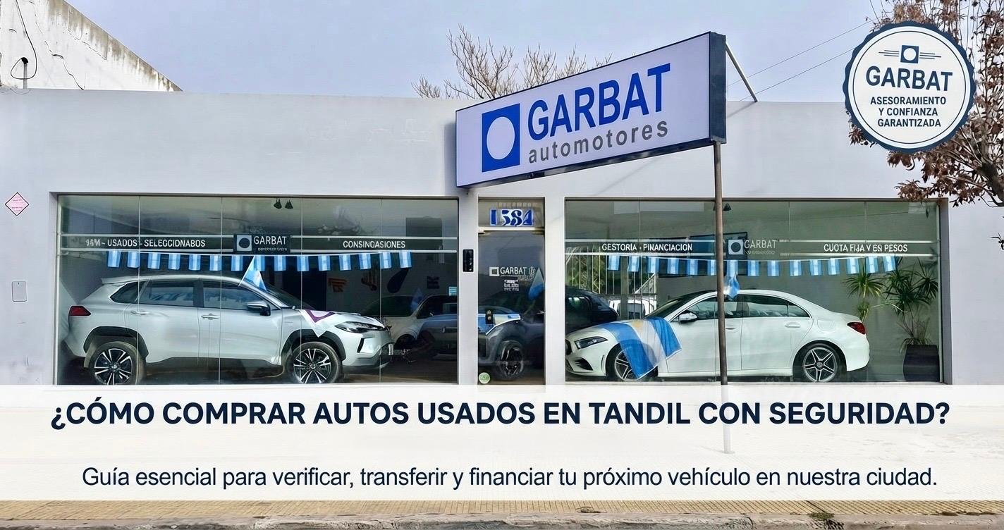 Fachada de GARBAT Automotores en Tandil con vehículos en exhibición y el título sobre cómo comprar autos usados con seguridad.