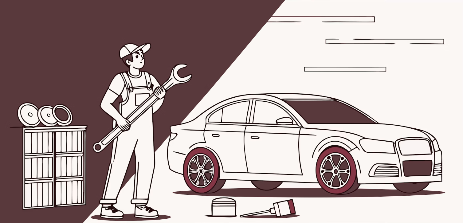 Ilustración de un mecánico revisando un auto en taller para la verificación tecnica vehicular en Tandil y compraventa de usados - GARBAT Automotores