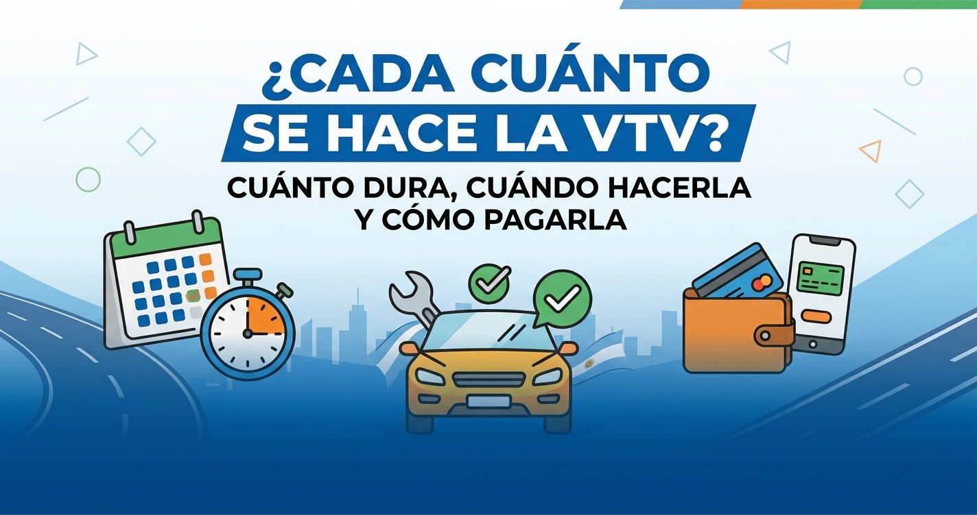 Imagen informativa sobre la Verificación Técnica Vehicular (VTV) en Buenos Aires con el título "¿Cada cuánto se hace la VTV?: cuánto dura, cuándo hacerla y cómo pagarla". Incluye ilustraciones de un a